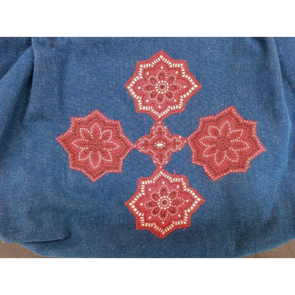 Denim Purse 1970s Blue Jean Handmade Vintage Reversible Wood Handle Red Bandana - Picture 2 of 8